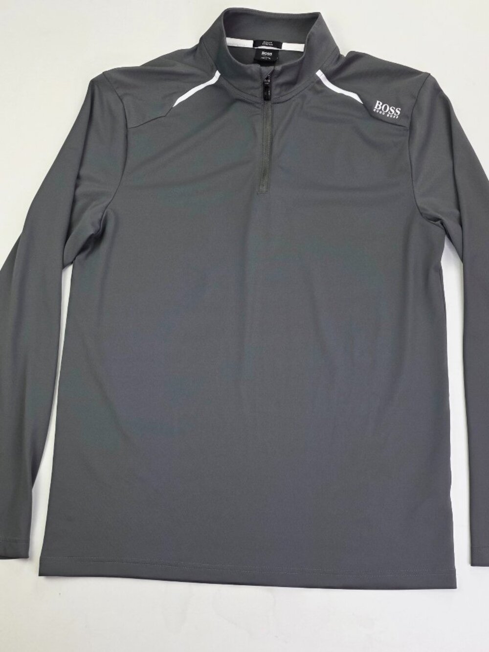 Hugo Boss Slim Fit Stretch 1/4 Zip Men Size Large Gray Shoulder Logo Long Sleeve